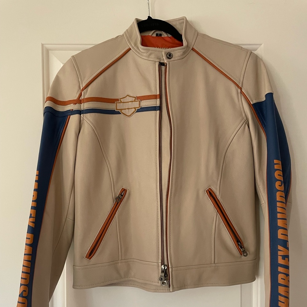 Harley Davison Orange / Blue / Cream leather jacket - Picture 10 of 16